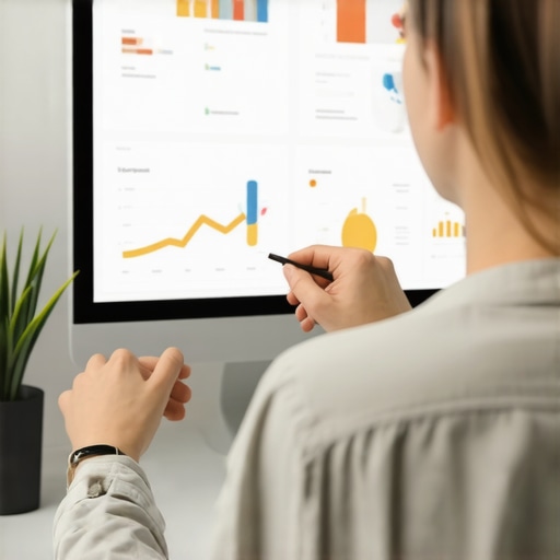 Professional reviewing local SEO analytics on a laptop with charts and graphs.