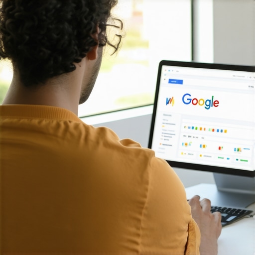 Optimizing GMB Profile for Local SEO Business owner editing Google My Business profile on a computer with local SEO icons.