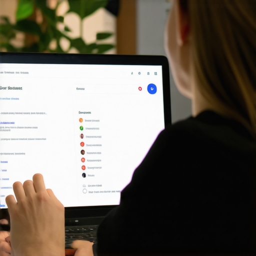 Business owner managing Google Business Profile on a laptop with analytics and reviews visible.