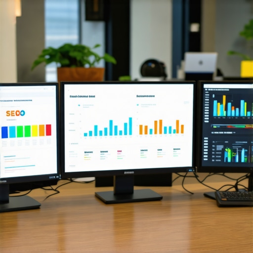 Person analyzing local SEO data on multiple screens in a modern office environment.