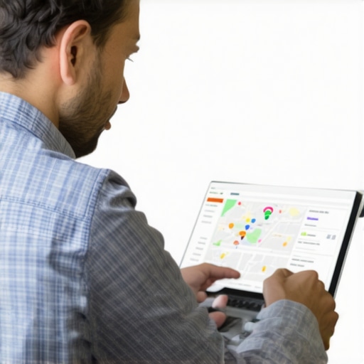 Monitoring Local SEO Tools Business owner analyzing local SEO performance on digital devices.