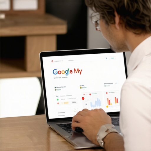 Business owner editing Google My Business profile on a laptop, analyzing maps and analytics.