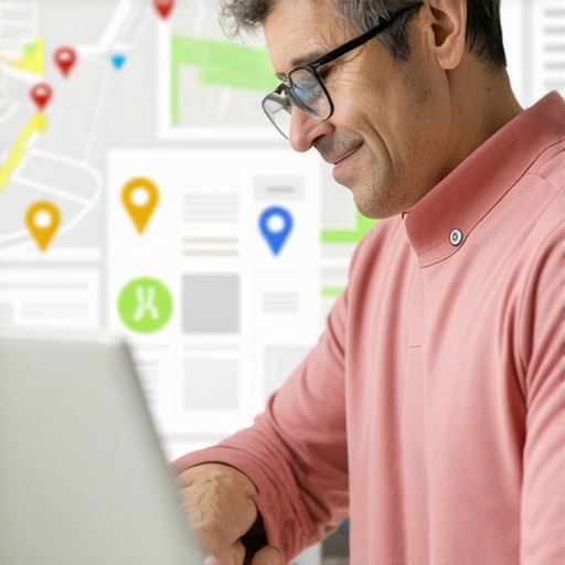 Optimizing Your Local Business Profile Business owner optimizing Google My Business profile with maps and digital marketing tools.