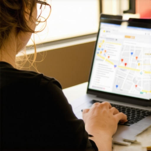 Business owner working on Google My Business profile on laptop with local maps visible.
