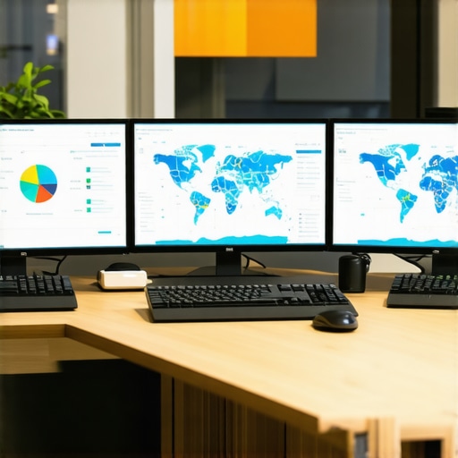SEO Tools in Action A workspace setup with multiple screens displaying local SEO analytics and maps advertising dashboards.