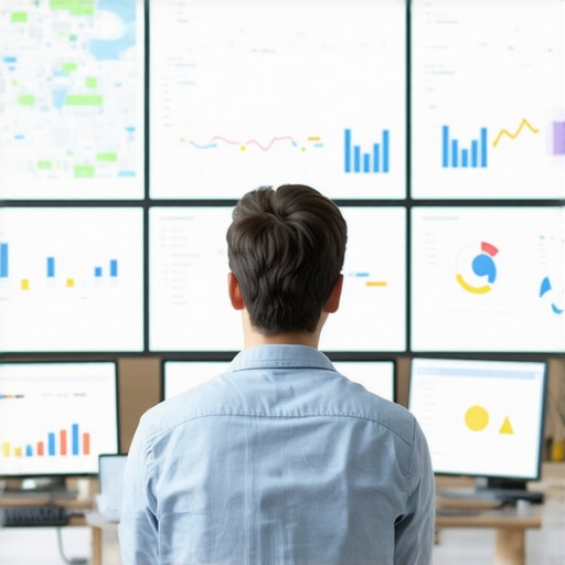 Advanced Local SEO Tools Dashboard A professional analyzing local SEO metrics on multiple monitors, focusing on maps, reviews, and ranking data.