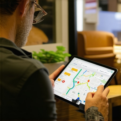 Business owner reviewing Google Maps analytics on tablet in storefront