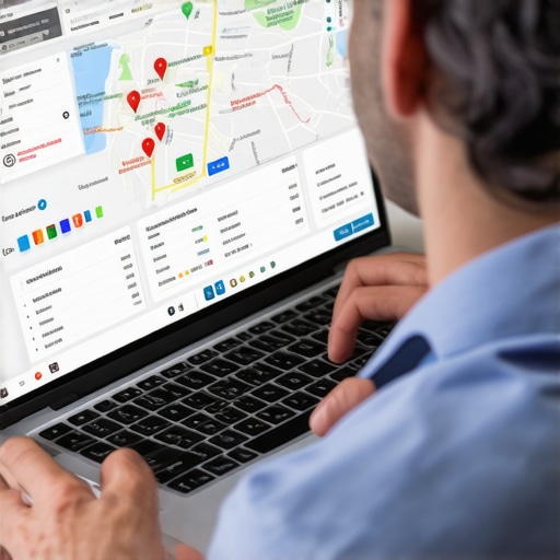 Analyzing Local SEO Data Business owner reviewing local SEO metrics and maps on laptop.
