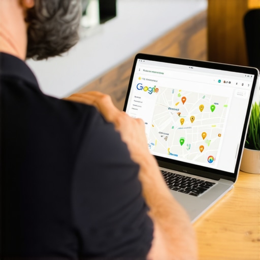 Business owner updating Google profile on laptop with maps and SEO analytics
