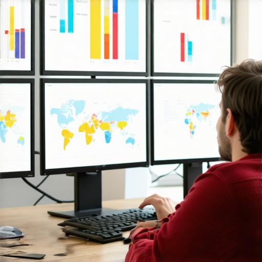 Person working with SEO analytics and maps on multiple screens
