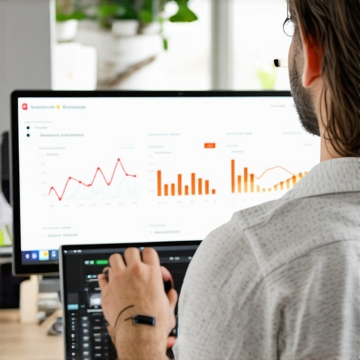 A professional analyzing multiple screens with SEO analytics dashboards in a modern office.