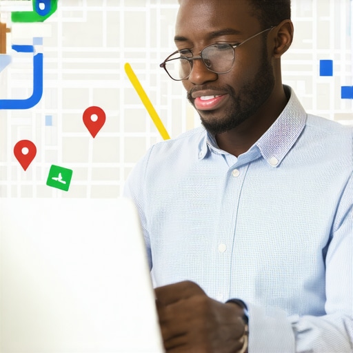 Business owner editing Google profile with map and visual search icons
