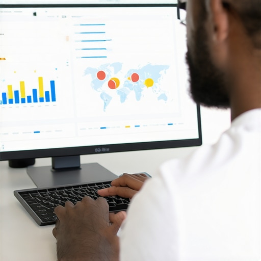 A marketer examining SEO analytics and maps on a screen.