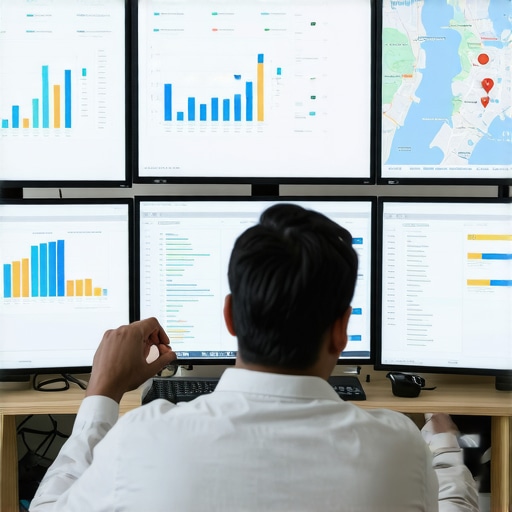 Person reviewing local SEO analytics on screens with maps and graphs.