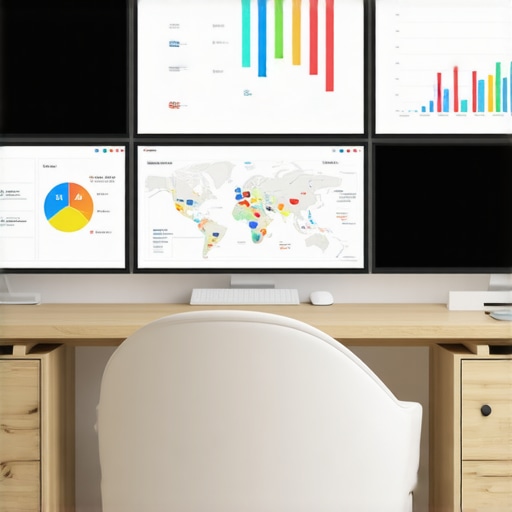 A workspace with computers showing SEO, maps, and analytics dashboards.