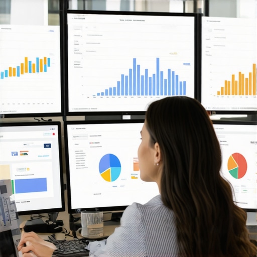 A person analyzing SEO tools on multiple monitors with citation and ranking data.