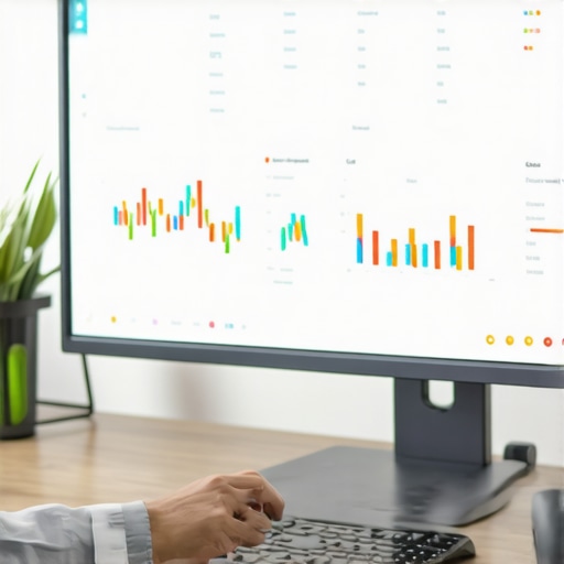 A person analyzing digital maps and SEO data on a computer screen in an office environment.