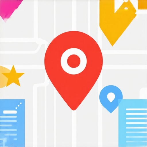 A colorful graphic showing local SEO elements like maps, reviews, schema markup, and voice search icons.